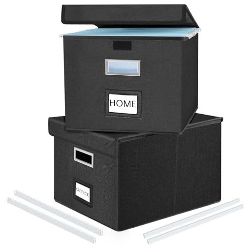 FINEW Stoff Faltbare Aufbewahrungsbox mit Deckel, Hängemappenbox für DIN A4 Hängeregister, Aufbewahrungsboxen für Büro, Faltbox für Familien (Schwarz) 2 Pack von FINEW