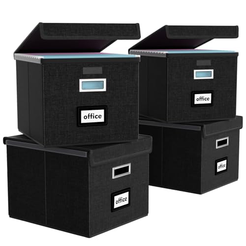 FINEW Stoff Faltbare Aufbewahrungsbox mit Deckel, Hängemappenbox für DIN A4 Hängeregister, Aufbewahrungsboxen für Büro, Faltbox für Familien (Schwarz) 4 Pack von FINEW
