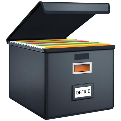 FINEW Stoff Faltbare Aufbewahrungsbox mit Deckel, Verbessertes Ledermaterial, Hängemappenbox für DIN A4 Hängeregister, Aufbewahrungsboxen für Büro, Faltbox für Familien (Schwarz) von FINEW