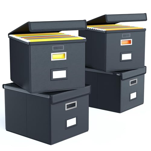 FINEW Stoff Faltbare Aufbewahrungsbox mit Deckel, Verbessertes Ledermaterial, Hängemappenbox für DIN A4 Hängeregister, Aufbewahrungsboxen für Büro, faltbox für Familien (Schwarz) 4Pack von FINEW