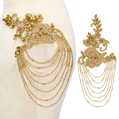 FINGERINSPIRE 1 Paar Strass-Applikation für Kleidung, goldene Schulterklappen, Schulteraufnäher, Nähen, Strass, Perlen, Quaste, Applikation für Hochzeitskleid, DIY-Zubehör von FINGERINSPIRE