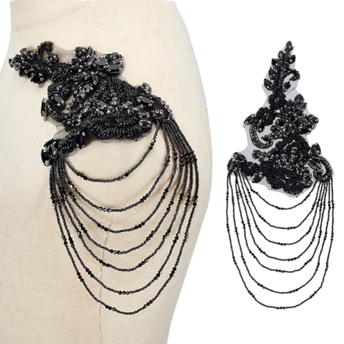 FINGERINSPIRE 1 Paar Strass-Applikation für Kleidung, schwarze Schulterklappen, Schulterflicken, Nähen, Strass, Perlen, Quaste, Applikation für Hochzeitskleid, DIY-Zubehör von FINGERINSPIRE
