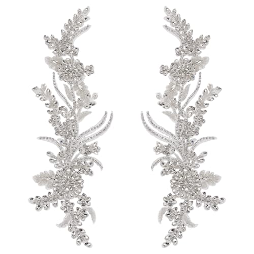 FINGERINSPIRE 1 Paar Strass Spitzenapplikationen 330x110x5mm Weißer Handgefertigter Blumenstickerei Perlen Spitzen Strass Aufnäher Zum Aufnähen von Perlenapplikationen Für DIY Kleidung Und Dekoration von FINGERINSPIRE