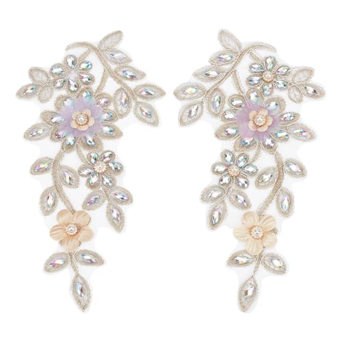 FINGERINSPIRE 1 Paar bestickte Perlenapplikationen zum Aufnähen auf Blumen-Strass-Aufnäher, handgefertigter Blumenstoff, Strass-Applikation für Hochzeitskleid, Dekoration, Kleid, Kleidung, Zubehör von FINGERINSPIRE