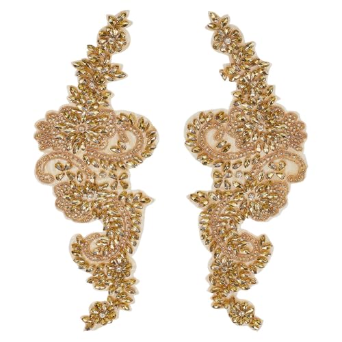 FINGERINSPIRE 1 Paar handgefertigte Perlenapplikationen, goldfarben, handgefertigt, Strass, Spitzenbesatz, 14 x 39 cm, handgefertigte Strass-Aufnäher für Abendkleider FINGERINSPIRE 1 Paar handgefertigte Perlenapplikationen, goldfarben, handgefertigt, Strass, Spitzenbesatz, 14 x 39 cm, handgefertigte Strass-Aufnäher für Abendkleider von FINGERINSPIRE