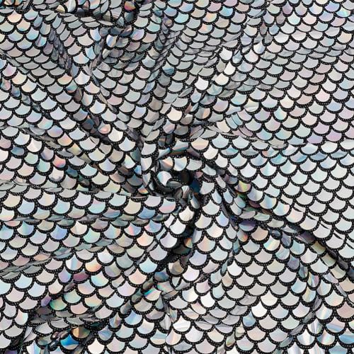 FINGERINSPIRE 1.6 m Meerjungfrauen Schuppen Stoff 1 m Breit Schwarz Mit Irisierendem Silberfarbenem Fischschuppen Pailletten Polyester Glitzernder Fischschuppen Stoff (Nicht Dehnbar) von FINGERINSPIRE