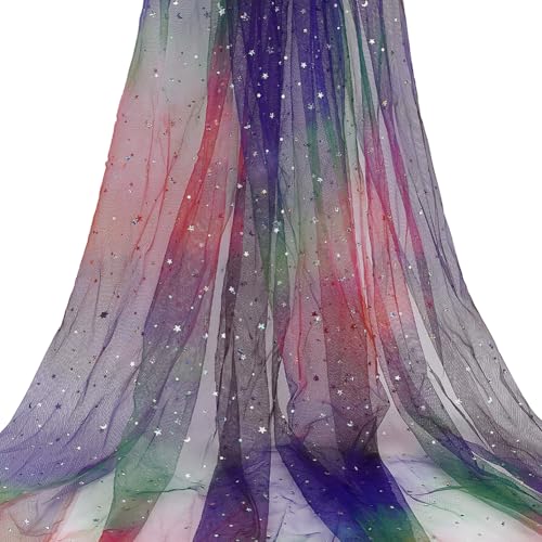 FINGERINSPIRE 1.82x1.6 m Netz Tüll Netz Spitzenstoff Regenbogen Funkelnder Tüll Gaze Stoff Batik Silber Stern Netz Tüllstoff Glitzer Stern Mond Pailletten Netzgarn DIY Basteln von FINGERINSPIRE