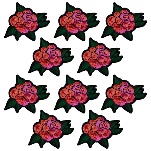 FINGERINSPIRE 10 Stück Pailletten Rose Mit Blatt Aufnäher 10.6x10.5cm Rote Und Rosa Pailletten Rose Zum Aufbügeln Blumen Stickerei Aufnäher Vintage Stickerei Aufnäher Für Kleidung Jacken Hüte von FINGERINSPIRE