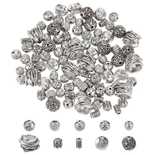 FINGERINSPIRE 100 Stück 10 Stile Antike Silberfass Perlen Europäische Perlen 6~11x6.5~15mm Tibetische Silberperlen Tibetische Legierung Vintage Lose Perlen Antike Silber Abstandshalter Perlen von FINGERINSPIRE