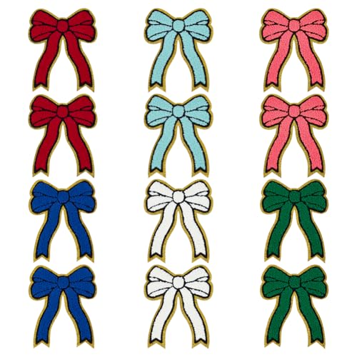 FINGERINSPIRE 12 Chenille Applikationen Mit Schleife Zum Aufbügeln/Aufnähen 13.2x10cm 6 Farben Goldkanten Schleife Chenille Bestickte Patches Süße Applikation DIY Dekorative Accessoires Für Kleidung von FINGERINSPIRE