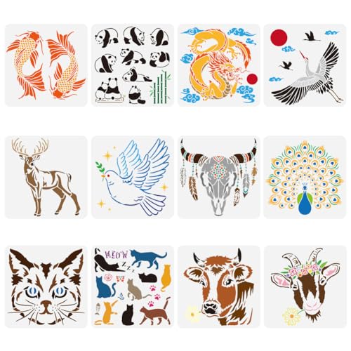 FINGERINSPIRE 12 Stück 12 Stile Tiermuster Malschablonen 30x30 cm Chinesischer Drache Panda Koi Schablone Katze Hirsch Tierthema Vorlage Zum Malen Auf Holz Wand Leinwand Möbeln von FINGERINSPIRE