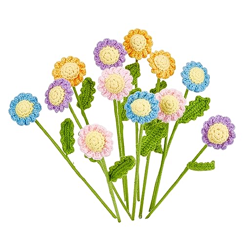 FINGERINSPIRE 12 Stück 4 Farben Häkel Blumenstrauß Gestrickte Gänseblümchen Handgefertigte Gänseblümchen Häkelblumen Künstlicher Blumenstrauß Handgefertigte Gestrickte Blumen Für Heimdekoration von FINGERINSPIRE