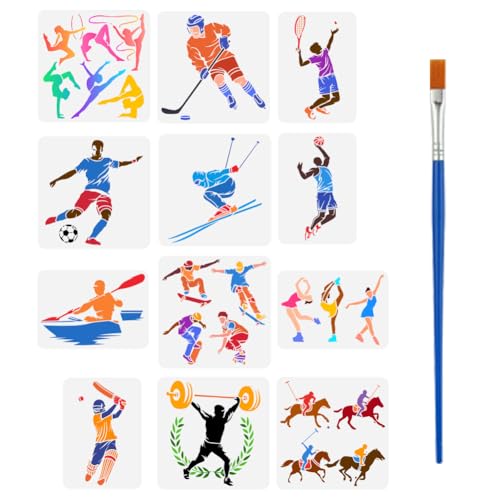 FINGERINSPIRE 12 Stück Malschablone Für Sportler Mit Bambuspinsel Wiederverwendbare Vorlagen Für Sportwettkämpfe Tennis Fußball Basketball Baseball Eishockey Skifahren von FINGERINSPIRE