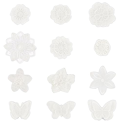 FINGERINSPIRE 12 Stück Weiße Spitzen Stickerei Patches Selbstklebende Blumen Schmetterlings Applikationen Organza Blumen Patches Aufnäher Applikationen DIY Kostümzubehör Zum Reparieren Und Dekorieren von FINGERINSPIRE