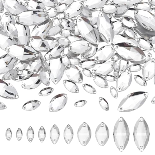 FINGERINSPIRE 120 x Pferdeaugen-Strasssteine zum Aufnähen, flache Rückseite, Strasssteine mit Löchern, 5 Stile, Pferdeaugenform, Kristallglas, facettiert, Nähkristall-Strasssteine für Kleidung von FINGERINSPIRE