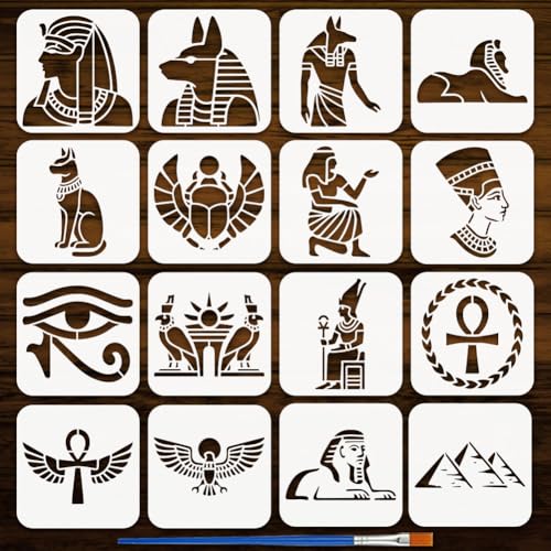 FINGERINSPIRE 16 Stück Ägypten Malschablone 15x15cm Ägyptische Symbolschablonen Sphinx Skarabäus Muster Kunststoff 16 Stile Ägyptische Vorlage Mit Pinsel Für T Shirt Holz Stoff DIY Kunst von FINGERINSPIRE