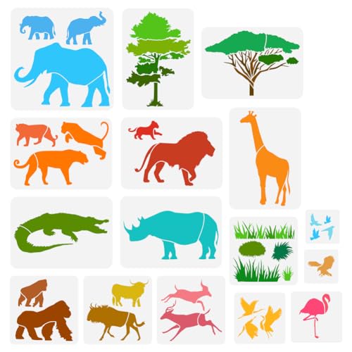 FINGERINSPIRE 16 Stück Afrikanische Tiere Schablone Bäume Gras Pflanzen Vorlage Giraffe Elefant Löwe Krokodil Nashorn Hirsch Orang Utan Kuh Vogel Adler Leopard Silhouette Schablone Tierthema Vorlage von FINGERINSPIRE