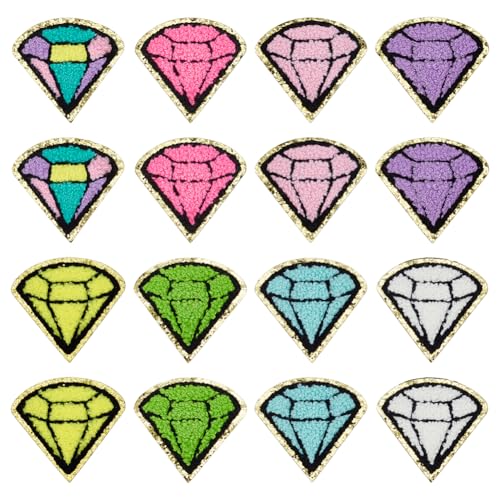 FINGERINSPIRE 16 Stück Diamant Chenille Patches 8 Farben Rautenform Zum Aufbügeln Patch Stoff Handtuch Stickapplikationen Goldrand Aufnäher Stoffreparaturflicken Für Jacken Kleider Hüte DIY von FINGERINSPIRE