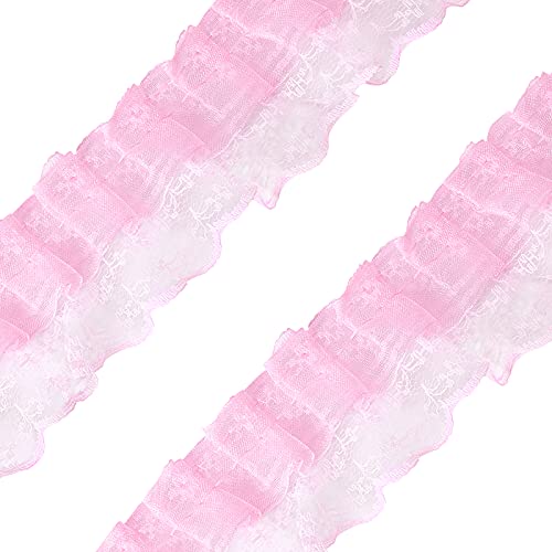 FINGERINSPIRE 18m 2-lagig Rosa Plissee Organza Spitzenband Gerafftes Mesh Chiffon Stoff Spitze Applikation Tüll Besatz für Handwerk Nähen Kleid DIY Handgemachte Dekoration von FINGERINSPIRE