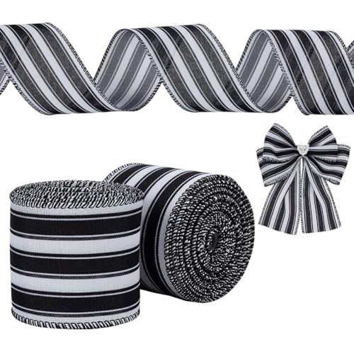 FINGERINSPIRE 2 Rolle Schwarzes Gestreiftes Stoffband Aus Sackleinen 63mm Breit Gestreiftes Band Mit Drahtrand Bauernhaus Stoffbänder Für Geschenkverpackungen Kränze Festdekoration (4.57 m/Rolle) von FINGERINSPIRE