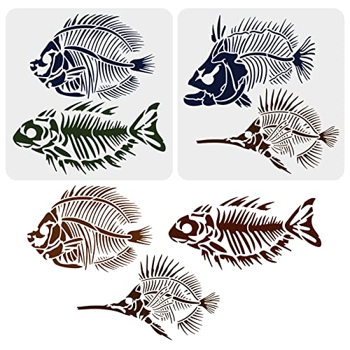 FINGERINSPIRE 2 Stück Fisch Fossilien Malschablone 30x30cm Wiederverwendbare Fischgräten Familie Dekoration Schablone DIY Fisch Schablonen für die Malerei auf Wand Möbel Stoff Holz und Papier von FINGERINSPIRE