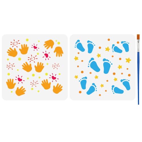 FINGERINSPIRE 2 Stück Malschablone Mit Hand Und Fußabdrücken Im Cartoon Stil 15x15cm Große Kunststoffpunkte Malvorlage Mit Handabdruck Und 1 Kunststoffpinseln Zum Bemalen von Wänden Holzmöbeln von FINGERINSPIRE