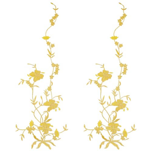 FINGERINSPIRE 2 Stück Stickapplikationen In Blumenform Aus Stoff Goldfarbenes Blumenmuster Zum Aufbügeln/Aufnähen Spitzenapplikation In Blumenrankenform DIY Stoffkunst Stickerei Dekoration Flicken von FINGERINSPIRE