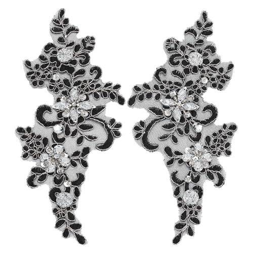 FINGERINSPIRE 2 Stück Strass Perlen Blumen Applikation 25x10.5cm Schwarzes Blumennetz Bestickter Strass 3D Aufnäher Für DIY Näharbeiten Bastelprojekte Kleiderdekorationen von FINGERINSPIRE