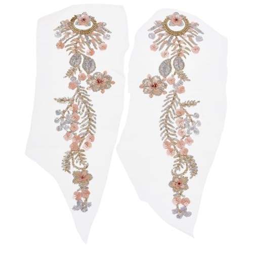 FINGERINSPIRE 2 Stück bestickte Perlen-Pailletten-Applikation, 37,7 x 12,9 cm, Polyester, Blumenstickerei, Applikation, Pfirsichpuff-Farbe, Blumenmuster, Hochzeit, Nähschlauch, Perlenaufnäher für von FINGERINSPIRE