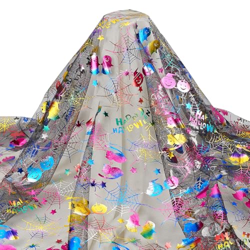 FINGERINSPIRE 2 m Bunter Halloween Spinnennetzstoff 1.68 m Breiter Spinnennetz Spitzenstoff Happy Halloween Tüllstoff Polyester Spinnennetz Netzstoff Für Halloween Dekorationen Heimwerkerprojekte von FINGERINSPIRE