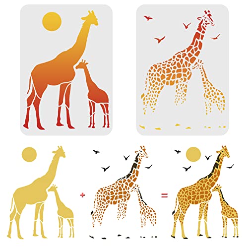 FINGERINSPIRE 2-teilige Giraffen-Schablonen-Vorlage, 29,7x21cm Kunststoff Zwei Giraffen Zeichnung Malschablonen Sonnenvogel Giraffe Musterschablonen zum Malen auf Holz, Boden, Wand und Fliesen von FINGERINSPIRE