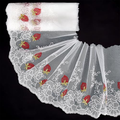 FINGERINSPIRE 2.3 m Erdbeer Spitzenband Aus Polyester 18.5cm Breit Zum Nähen Weißes Spitzenband Rotes Erdbeermusterband Für Kleidungsdekoration Spitzenband Für Selbstgemachte Puppen Dekoration von FINGERINSPIRE