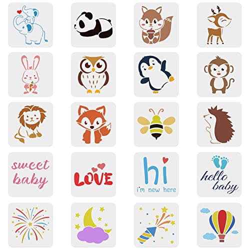 FINGERINSPIRE 20 Stile Baby Dusche Schablonen 15x15cm Elefant Hirsch Kaninchen AFFE Löwe Craft Stencils Feuerwerk Mond Schablone Wort für Malerei auf Scrapbook Stoff Fliesen Möbel Holz Wand von FINGERINSPIRE
