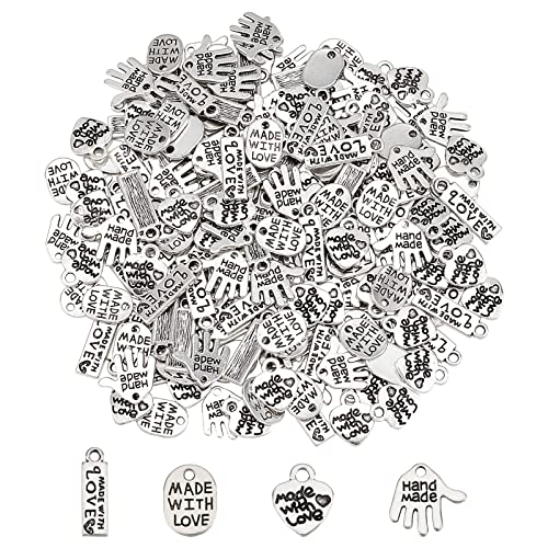 FINGERINSPIRE 200 Stück 4 Formen Legierungs Wort Charms Anhänger handgefertigt mit Liebes Charms Oval/Herz/Rechteck/Handformen Charms Anhänger Schmuckherstellung Zubehör für DIY Halsketten Armbänder von FINGERINSPIRE