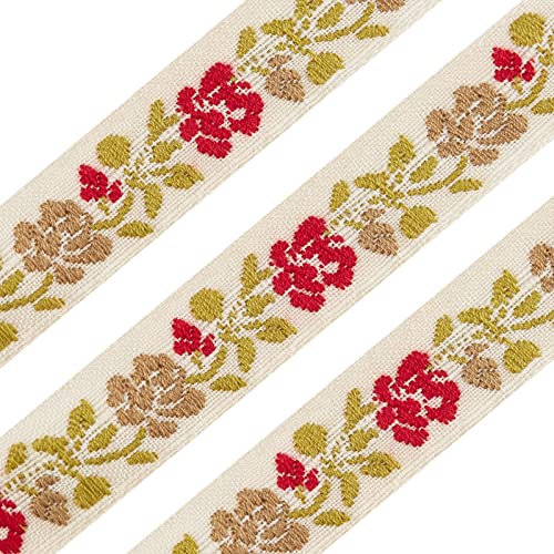 FINGERINSPIRE 20m 14mm Weiß Jacquard Band Rot Grau Rose Floral Besticktes Jacquardband Blumen Spitze Nähen Band für DIY Basteln Verpacken Schleife Geschenkverpackung Kostümdekoration von FINGERINSPIRE