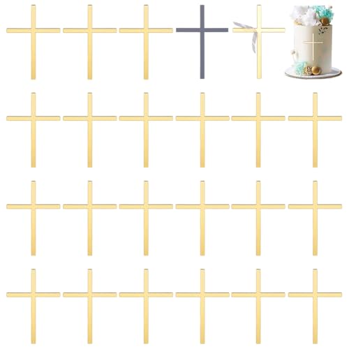 FINGERINSPIRE 24 Stück Cupcake Topper Mit Kreuz 99x69x1.2mm Goldene Spiegel Acryl Hochzeitskreuz Kuchendekoration Taufe Tortenaufsatz Kreuzkuchen Religiöser Feier Charm Für Partys von FINGERINSPIRE