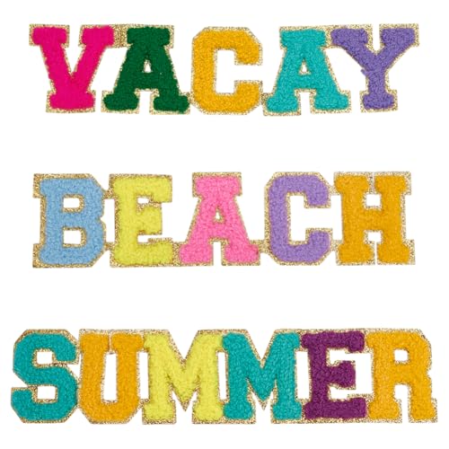FINGERINSPIRE 3 Stück 3 Stile Sommer Chenille Strand Buchstaben Aufnäher Buchstaben Zum Aufbügeln Glitzer Goldrand Bestickter Aufnäher Vacay Chenille Alphabet Nähapplikation Für Kleidung von FINGERINSPIRE
