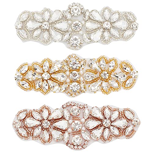 FINGERINSPIRE 3 Stück Strass Applikationen Mit Perlen 100x36 mm Zum Aufbügeln Hotfix Applikationen Glaskristallperlen Strass Applikationen Blumenmuster Zum Aufnähen Abziehbilder Für Brautkleid von FINGERINSPIRE