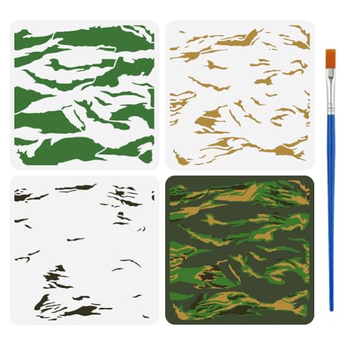 FINGERINSPIRE 3 x mehrlagige Tigerstreifen-Zeichenschablonen mit Pinsel, 30 x 30 cm, wiederverwendbar, Camouflage-Muster, Dekor-Schablone zum Malen auf Holz, Wand, Stoff, Möbeln von FINGERINSPIRE