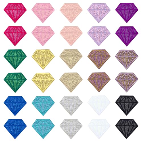 FINGERINSPIRE 30 Stück Diamant Stickerei Aufnäher 15 Farben Rautenform Zum Aufbügeln Auf Stoff Applikation 67x76mm Pailletten Glitzer Diamant Aufnäher Polyester Diamant Nähflicken Für Rucksack Hose von FINGERINSPIRE