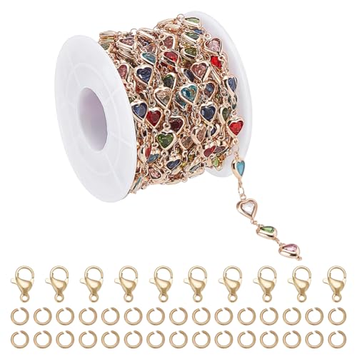 FINGERINSPIRE 4,5 m lange Strass-Herzkette für Schmuckherstellung, bunte Messinggliederketten mit 10 Edelstahl-Karabinerverschlüssen und 30 offenen Binderingen für Frauen, Halsketten, DIY FINGERINSPIRE 4,5 m lange Strass-Herzkette für Schmuckherstellung, bunte Messinggliederketten mit 10 Edelstahl-Karabinerverschlüssen und 30 offenen Binderingen für Frauen, Halsketten, DIY von FINGERINSPIRE