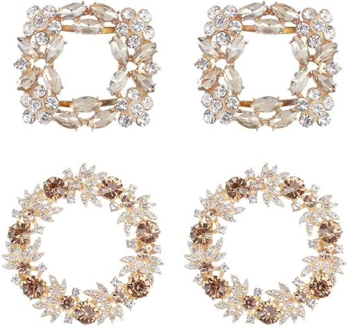 FINGERINSPIRE 4 Elegante Schuhclips aus Kristall mit Strasssteinen, (rund und quadratisch, hellgolden) Brautschuhschnallen mit Blumen für Hochzeit, Party, Geldbörse, Zubehör, Dekoration von FINGERINSPIRE