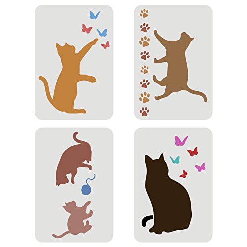 FINGERINSPIRE 4 Pcs Katze Schmetterling Schablone 29.7x21cm Katze spielen Ball von Garn Schablone wiederverwendbare Vinyl-Schablone für Malerei auf Holz Stoff Wand Möbel Karte machen Home Decor von FINGERINSPIRE