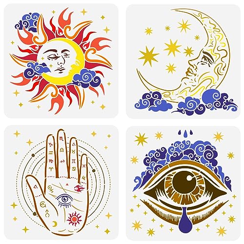 FINGERINSPIRE 4 Stück Astrologie Malschablone 30x30 cm Mandala Mond Sonne Sterne Schablone Handfläche Mit Augen Zeichenvorlage Dekorative Augen Bastelschablone Zum Malen Auf Wandholz von FINGERINSPIRE