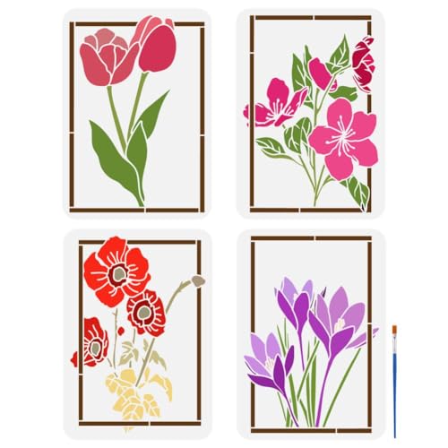 FINGERINSPIRE 4 Stück Blumen Fotorahmen Malschablone Mit 1 Kunstpinseln 21x29.7 cm Tulpen Mohn Safran Orientalische Weihnachts Und Rosenmuster Schablone Florale Rahmenschablone Zum Malen An Der Wand von FINGERINSPIRE