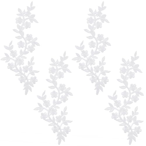 FINGERINSPIRE 4 Stück Blumenranken Applikationen Zum Aufbügeln/Aufnähen Pflaumenblüten Applikationen Lange Weiße Blumenranken Mit Blättern Mit Selbstklebenden Bestickten Applikationen als Dekoration von FINGERINSPIRE