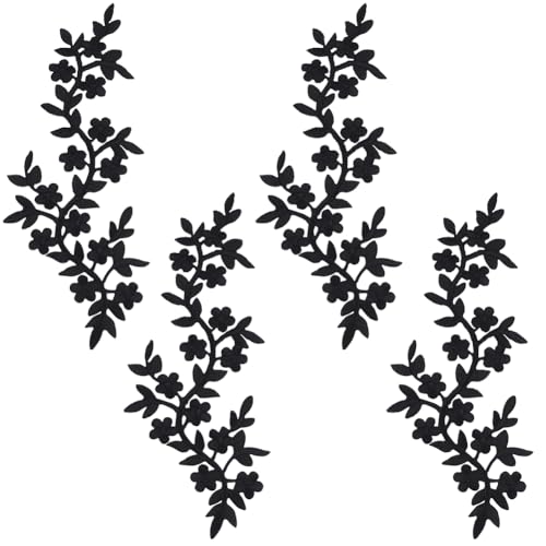 FINGERINSPIRE 4 Stück Blumenranken Applikationen Zum Aufbügeln/Aufnähen Pflaumenblüten Applikationen Schwarze Lange Blumenranken Mit Blättern Aufnäher Mit Selbstklebenden Bestickten Applikationen von FINGERINSPIRE