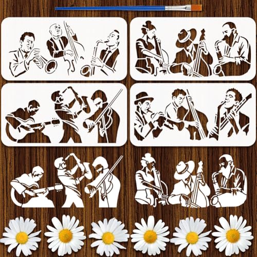 FINGERINSPIRE 4 Stück Malschablone Für Musikdarbietungen Mit Kunststoffpinsel 15x30cm Zeichenschablone Für Cello Violine Gitarre Trompete Instrumente Schablone Charakter Themenvorlage Für Holz von FINGERINSPIRE