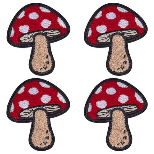 FINGERINSPIRE 4 Stück Pilz Chenille Aufnäher Roter Pilz Zum Aufbügeln 70x60mm Polyester Handtuch Stickapplikationen Pilz Aufnäher Zum Aufnähen Für Kleidung Jacken Kleider Hüte Jeans DIY von FINGERINSPIRE