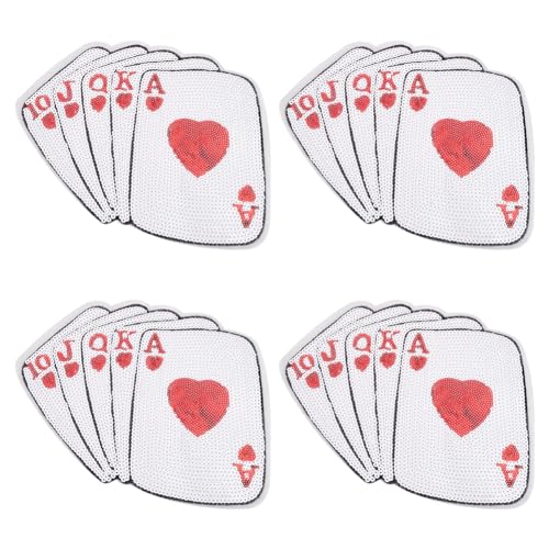 FINGERINSPIRE 4 Stück Poker Spielkarten Pailletten Patches Rot Weiß Poker 10 JQKA Pailletten Aufnäher Zum Aufnähen/Aufbügeln Computergesteuerte Stickerei Applikation Glitzernder Reparatur Patch von FINGERINSPIRE